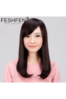 FESHFEN真發(fā)假發(fā)中長發(fā)梨花頭真人發(fā)絲時(shí)尚女士逼真機(jī)制手織頭套