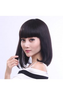 FESHFEN真發(fā)假發(fā)女時(shí)尚短發(fā)短直發(fā)齊劉海梨花頭真人發(fā)絲手織頭套